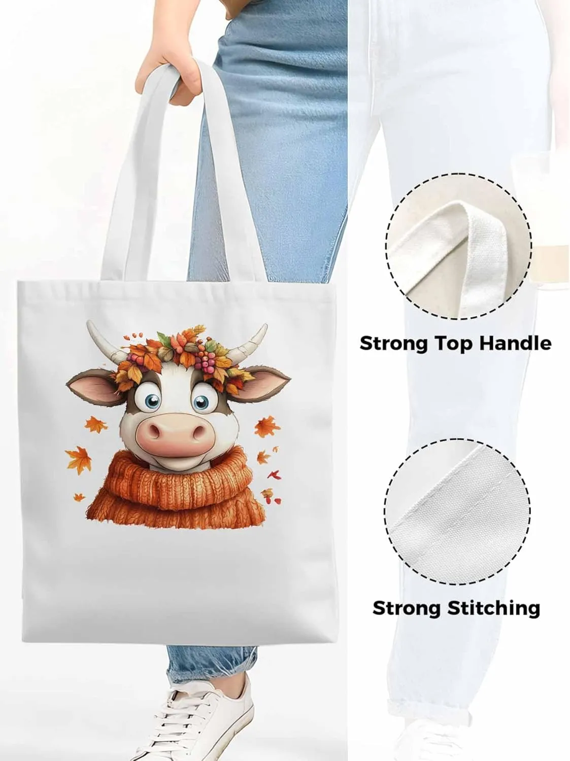 Canvas Tote Bag, Fall Orange Cow patterned Canvas Tote Handbags for Women Shoulder Bag,