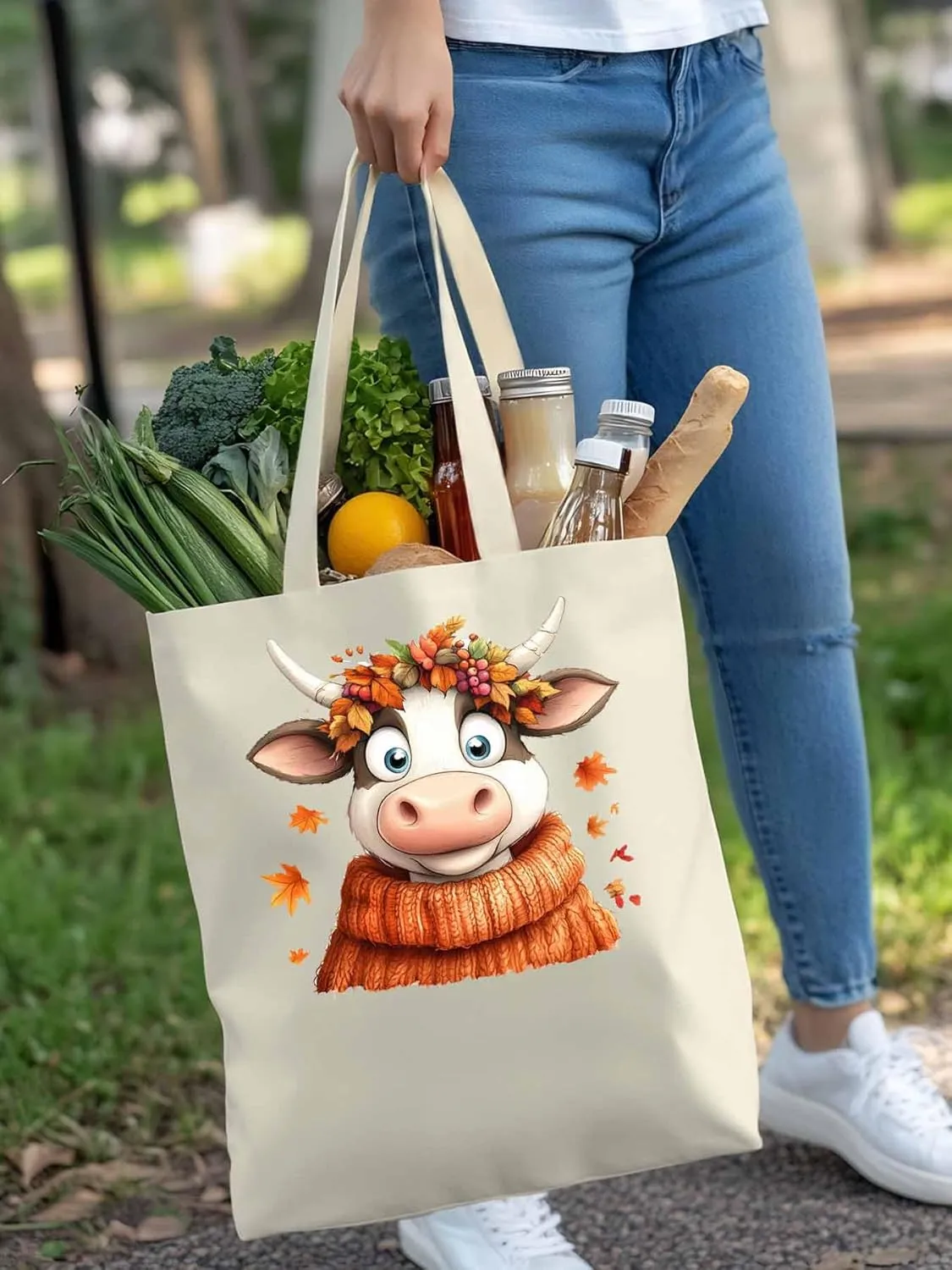 Canvas Tote Bag, Fall Orange Cow patterned Canvas Tote Handbags for Women Shoulder Bag,