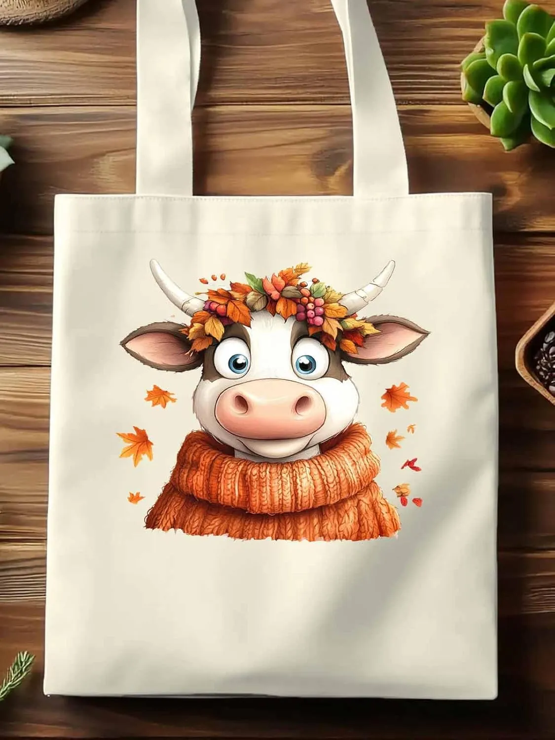 Canvas Tote Bag, Fall Orange Cow patterned Canvas Tote Handbags for Women Shoulder Bag,