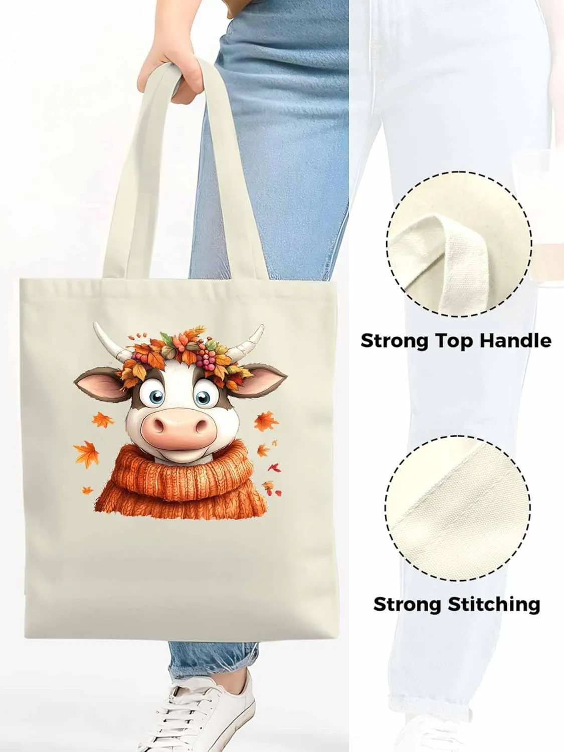 Canvas Tote Bag, Fall Orange Cow patterned Canvas Tote Handbags for Women Shoulder Bag,