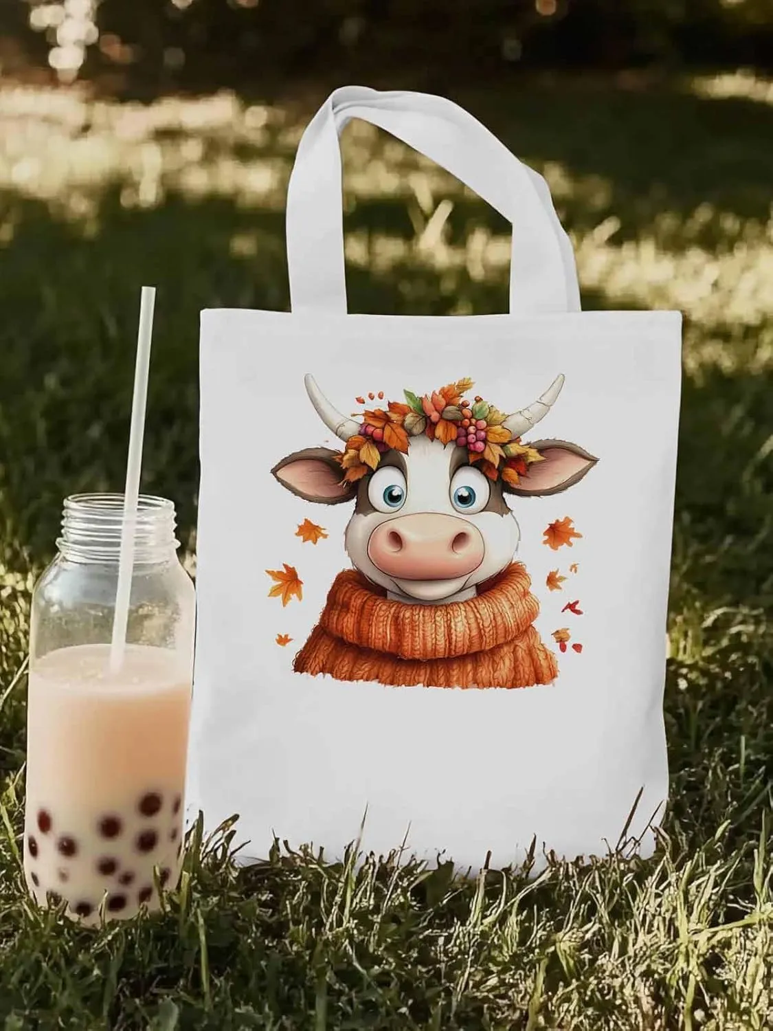 Canvas Tote Bag, Fall Orange Cow patterned Canvas Tote Handbags for Women Shoulder Bag,