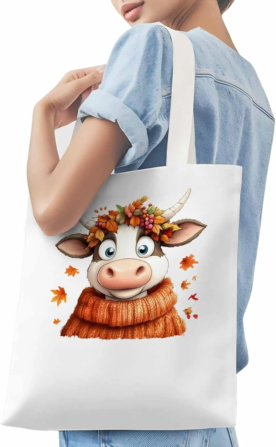 Canvas Tote Bag, Fall Orange Cow patterned Canvas Tote Handbags for Women Shoulder Bag,