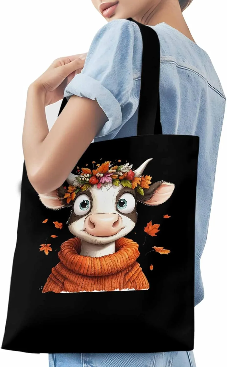 Canvas Tote Bag, Farm Cow Fall Botanical patterned Canvas Tote Handbags for Women Shoulder Bag,