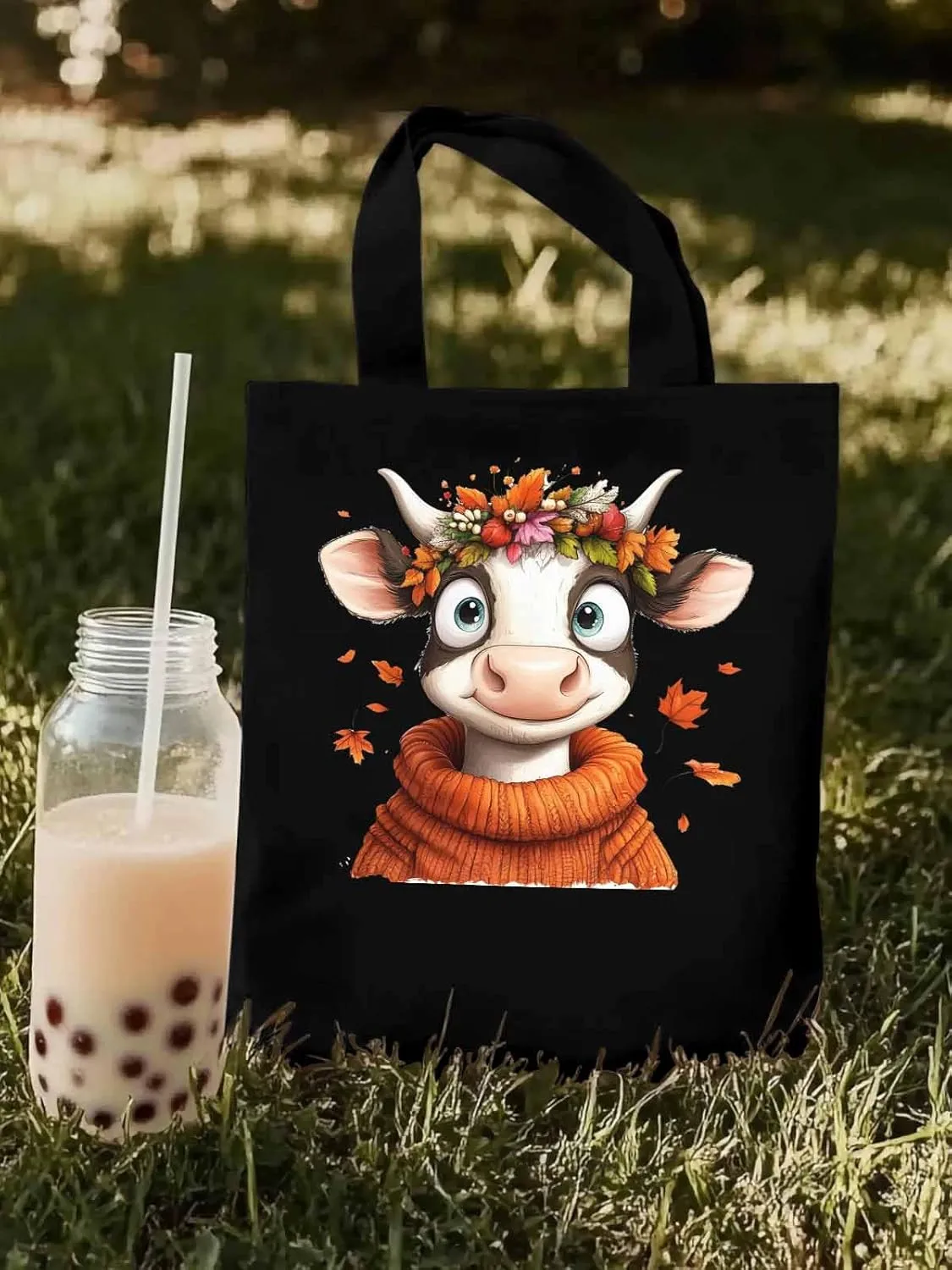 Canvas Tote Bag, Farm Cow Fall Botanical patterned Canvas Tote Handbags for Women Shoulder Bag,