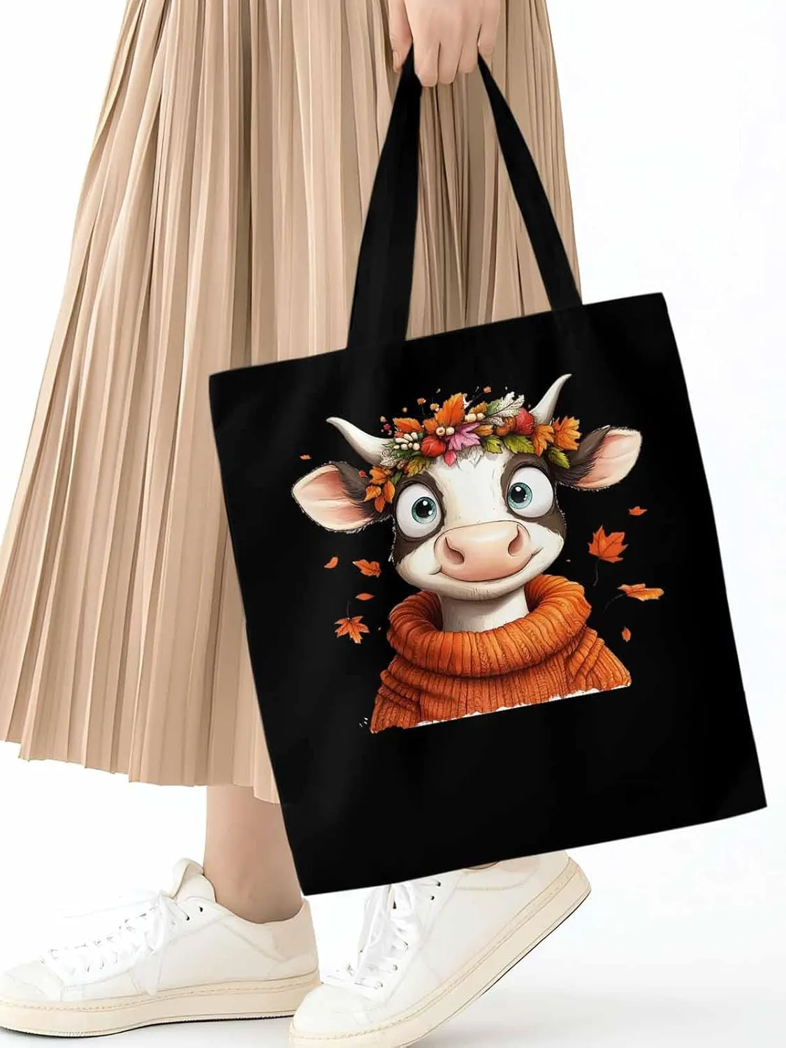 Canvas Tote Bag, Farm Cow Fall Botanical patterned Canvas Tote Handbags for Women Shoulder Bag,