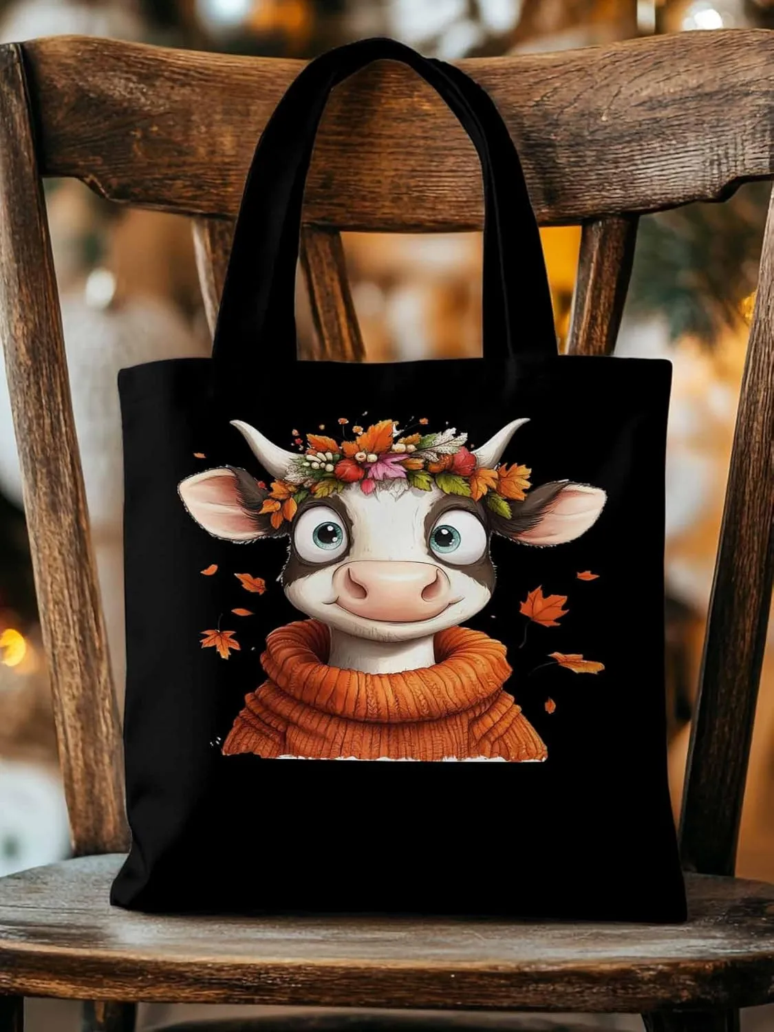 Canvas Tote Bag, Farm Cow Fall Botanical patterned Canvas Tote Handbags for Women Shoulder Bag,