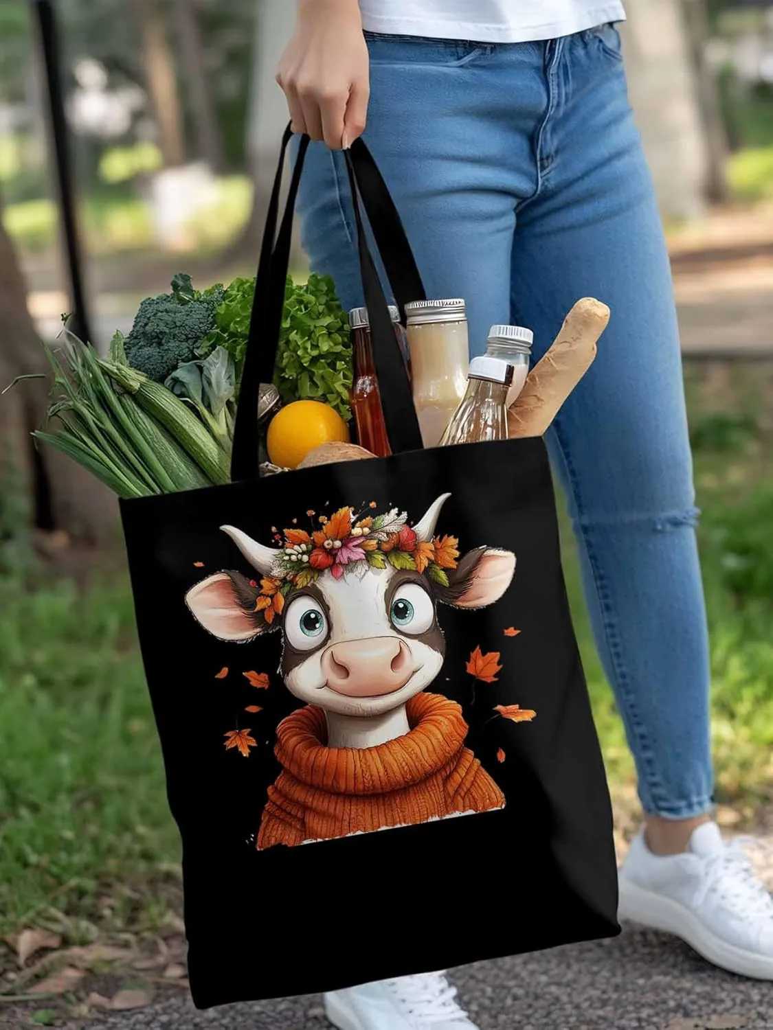 Canvas Tote Bag, Farm Cow Fall Botanical patterned Canvas Tote Handbags for Women Shoulder Bag,
