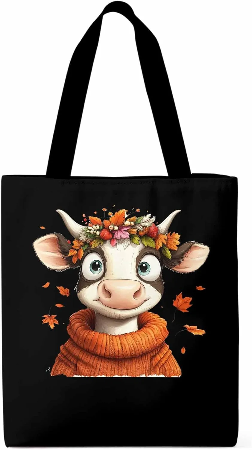 Canvas Tote Bag, Farm Cow Fall Botanical patterned Canvas Tote Handbags for Women Shoulder Bag,