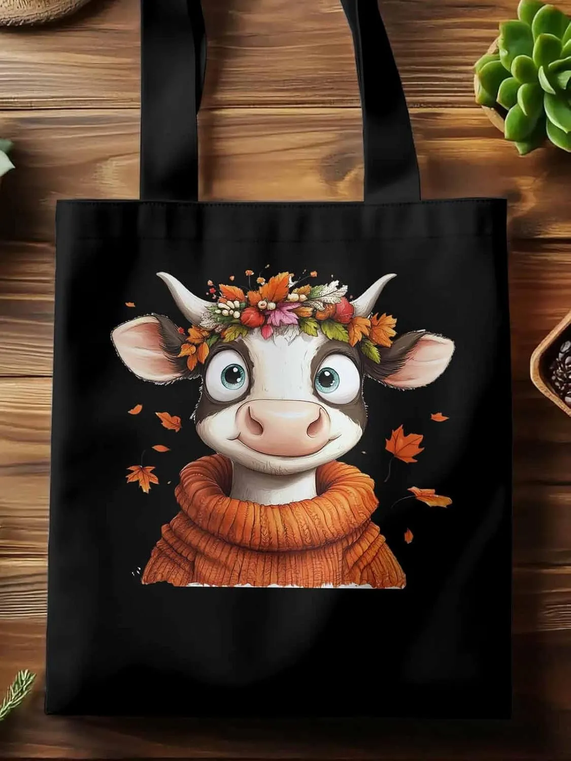 Canvas Tote Bag, Farm Cow Fall Botanical patterned Canvas Tote Handbags for Women Shoulder Bag,