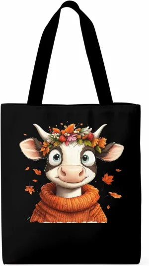 Canvas Tote Bag, Farm Cow Fall Botanical patterned Canvas Tote Handbags for Women Shoulder Bag,