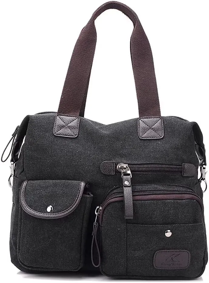 Canvas Tote Bag for Women Multi-pockets Crossbody Purse Roomy Shoulder Handbag Top Handle Satchel Purse Messenger Bag