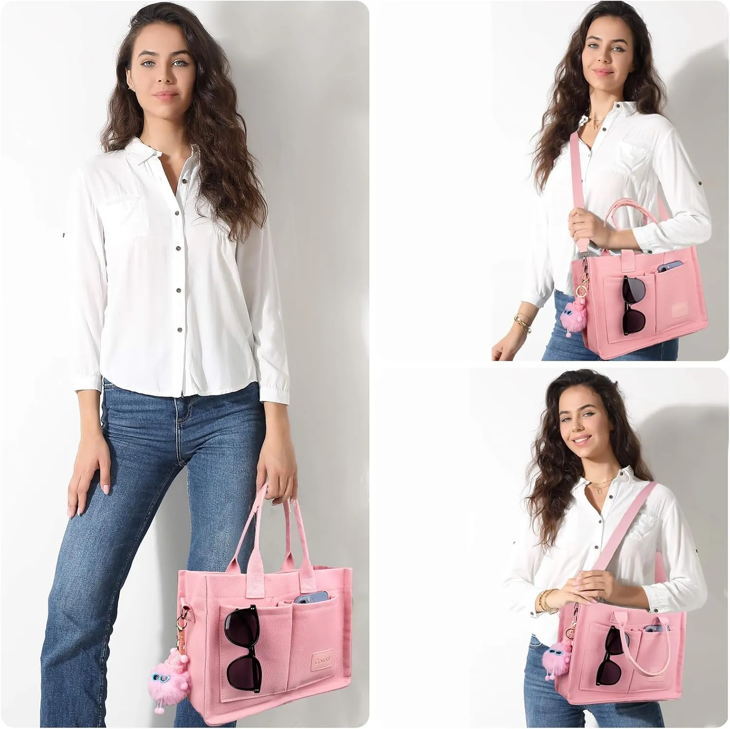 Canvas Tote Bag for Women With Pockets, Laptop Work Crossbody Purses Everything Shoulder Tote Bag Everyday Satchel Handbags