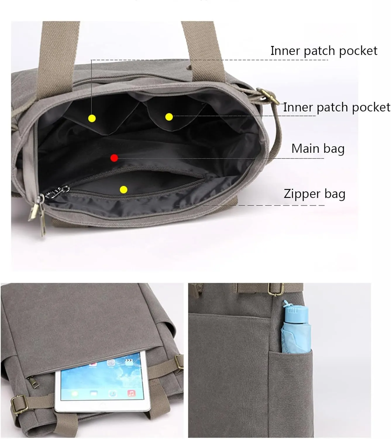 Canvas Tote Bag for Women With Pockets,Large Canvas Tote Bag With Zipper And Compartments Crossbody Work Tote Bag Fall Shoulder Bag Satchel Hobo Bag Messenger Bag For Everyday Shopping Travel (A)