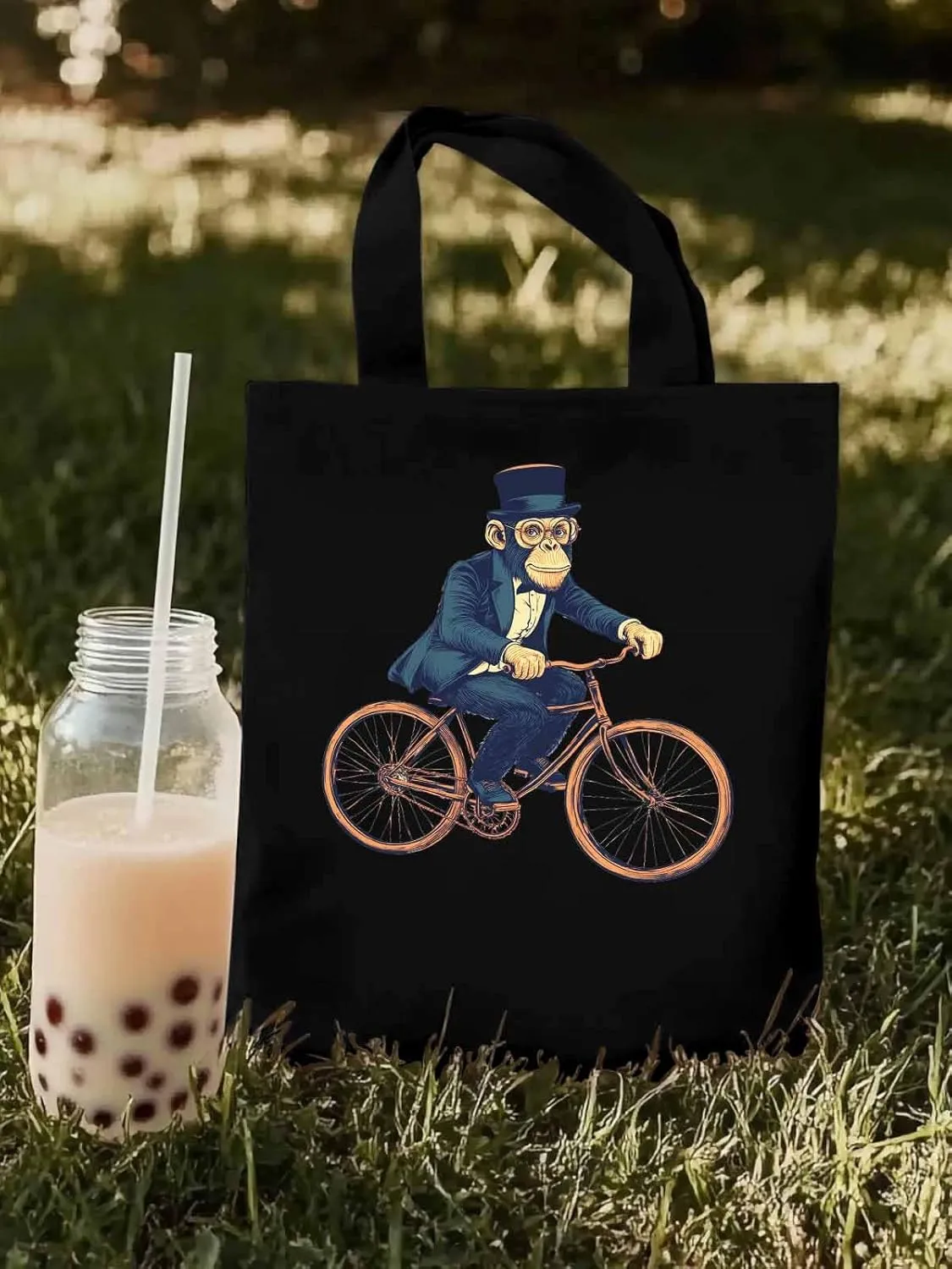 Canvas Tote Bag, Glasses Gorilla Riding Orange Bicycle patterned Canvas Tote Handbags for Women Shoulder Bag,