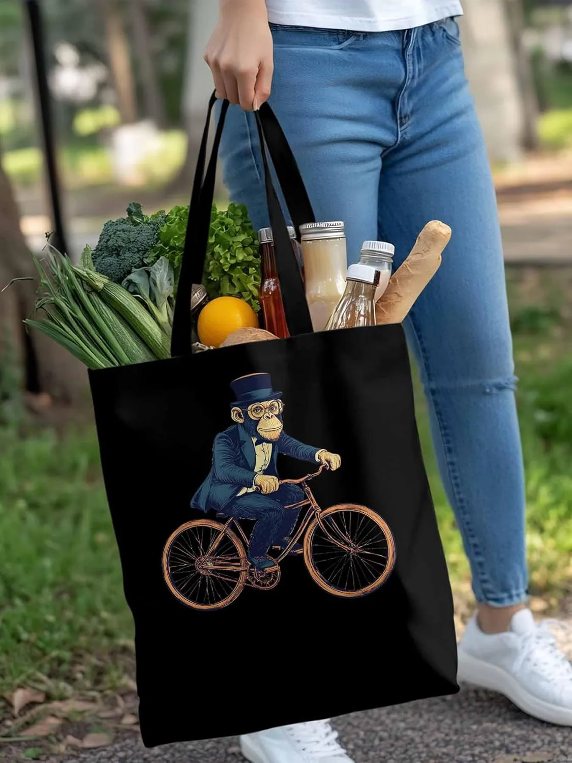 Canvas Tote Bag, Glasses Gorilla Riding Orange Bicycle patterned Canvas Tote Handbags for Women Shoulder Bag,