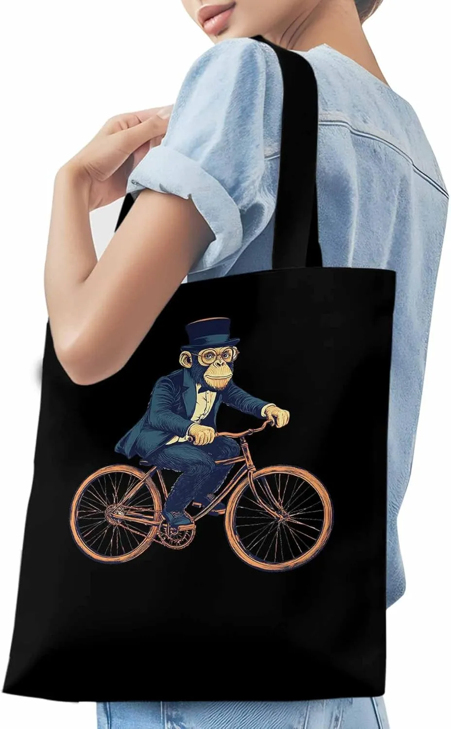 Canvas Tote Bag, Glasses Gorilla Riding Orange Bicycle patterned Canvas Tote Handbags for Women Shoulder Bag,