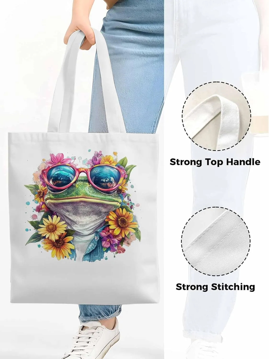 Canvas Tote Bag, Greeen Frogs Sunflowers Print patterned Canvas Tote Handbags for Women Shoulder Bag,