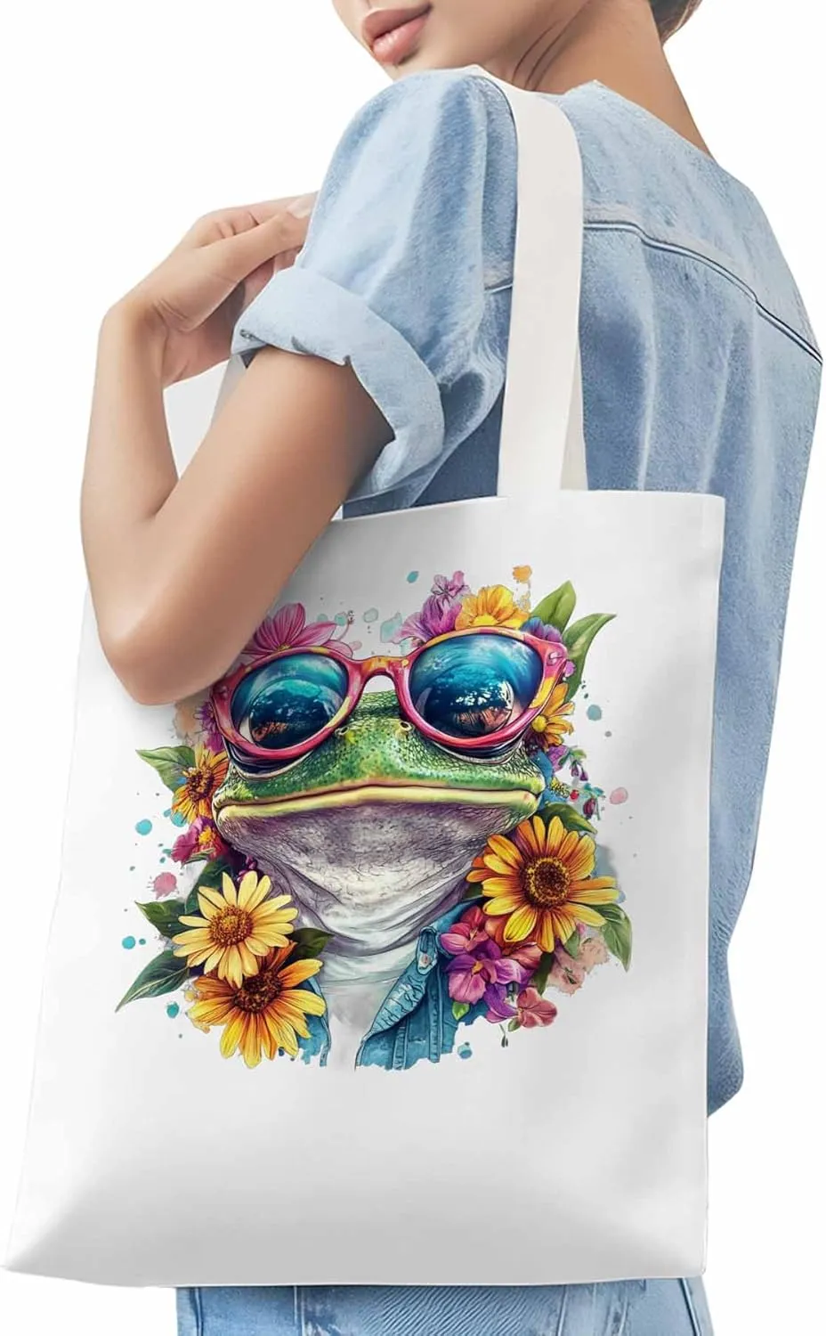 Canvas Tote Bag, Greeen Frogs Sunflowers Print patterned Canvas Tote Handbags for Women Shoulder Bag,