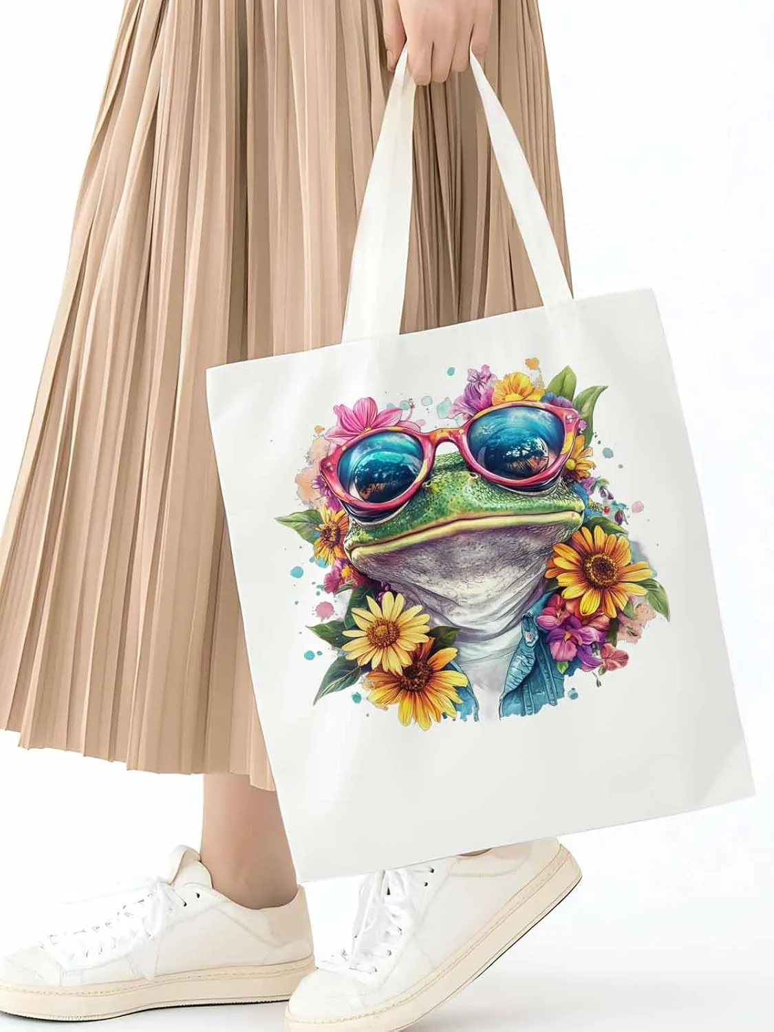 Canvas Tote Bag, Greeen Frogs Sunflowers Print patterned Canvas Tote Handbags for Women Shoulder Bag,