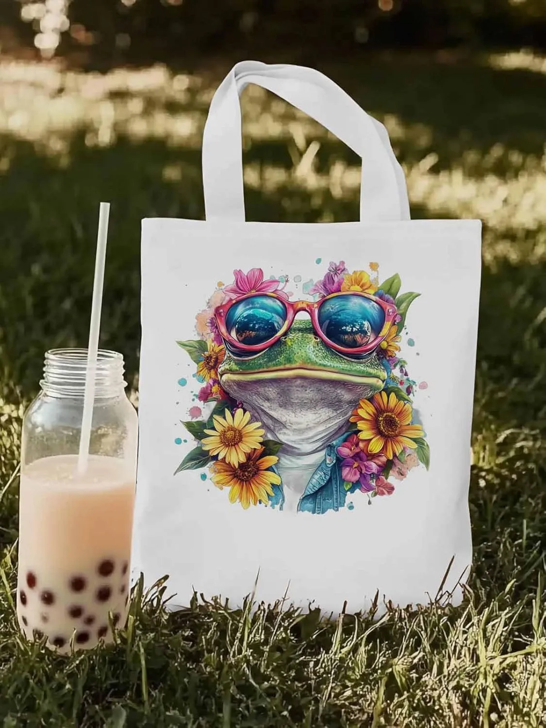 Canvas Tote Bag, Greeen Frogs Sunflowers Print patterned Canvas Tote Handbags for Women Shoulder Bag,