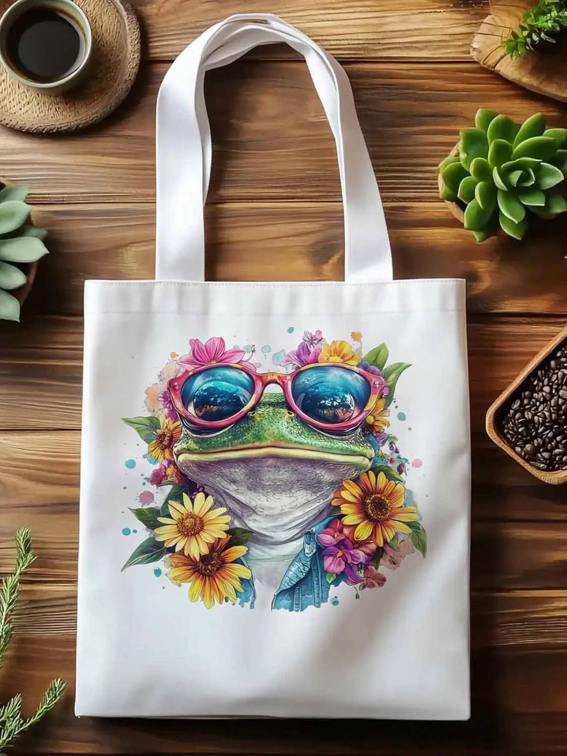 Canvas Tote Bag, Greeen Frogs Sunflowers Print patterned Canvas Tote Handbags for Women Shoulder Bag,