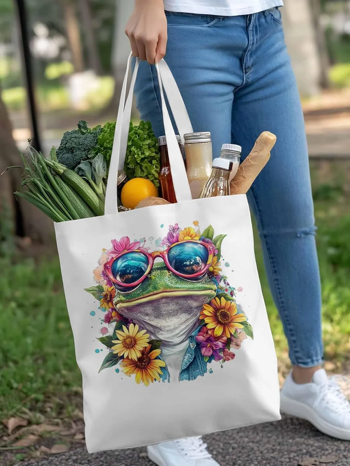 Canvas Tote Bag, Greeen Frogs Sunflowers Print patterned Canvas Tote Handbags for Women Shoulder Bag,