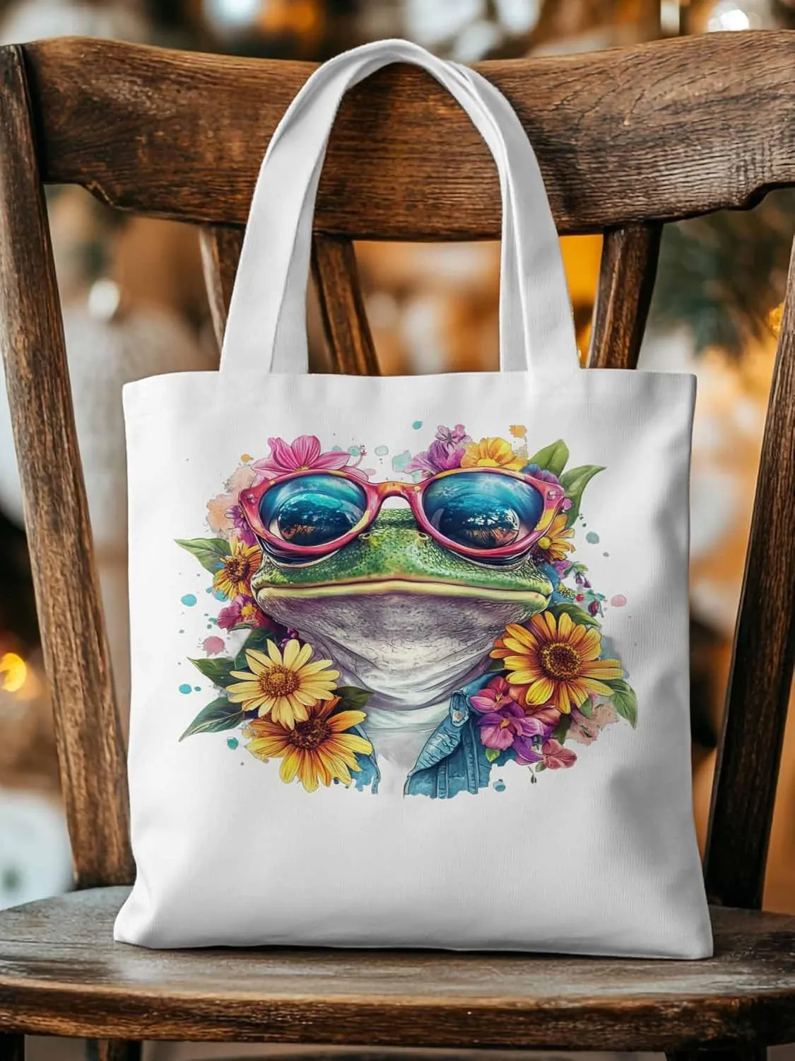 Canvas Tote Bag, Greeen Frogs Sunflowers Print patterned Canvas Tote Handbags for Women Shoulder Bag,