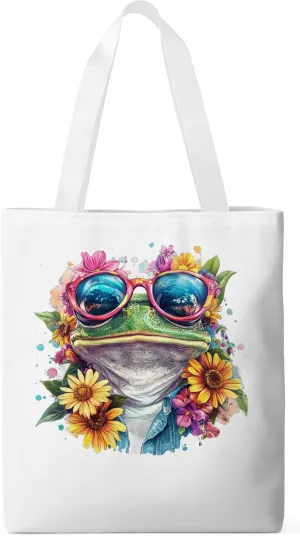 Canvas Tote Bag, Greeen Frogs Sunflowers Print patterned Canvas Tote Handbags for Women Shoulder Bag,