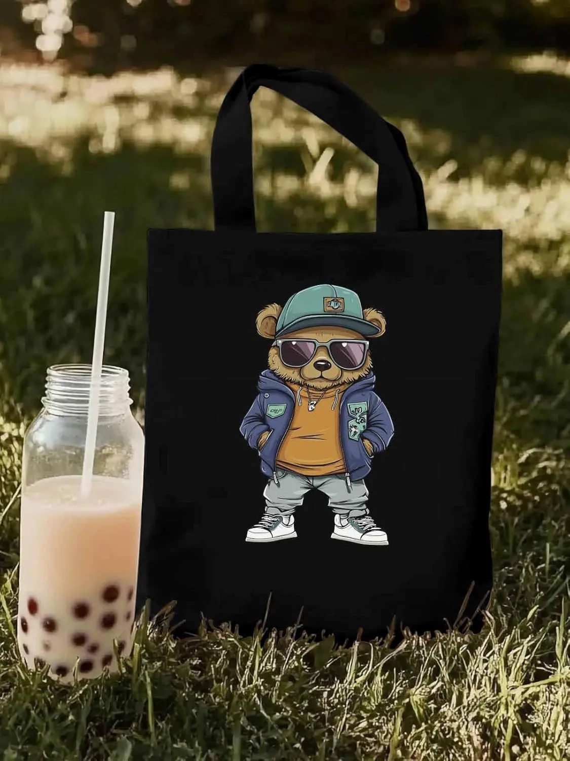 Canvas Tote Bag, Hip-hop Style Brown Bears Aesthetic Canvas Tote Handbags for Women Shoulder Bag