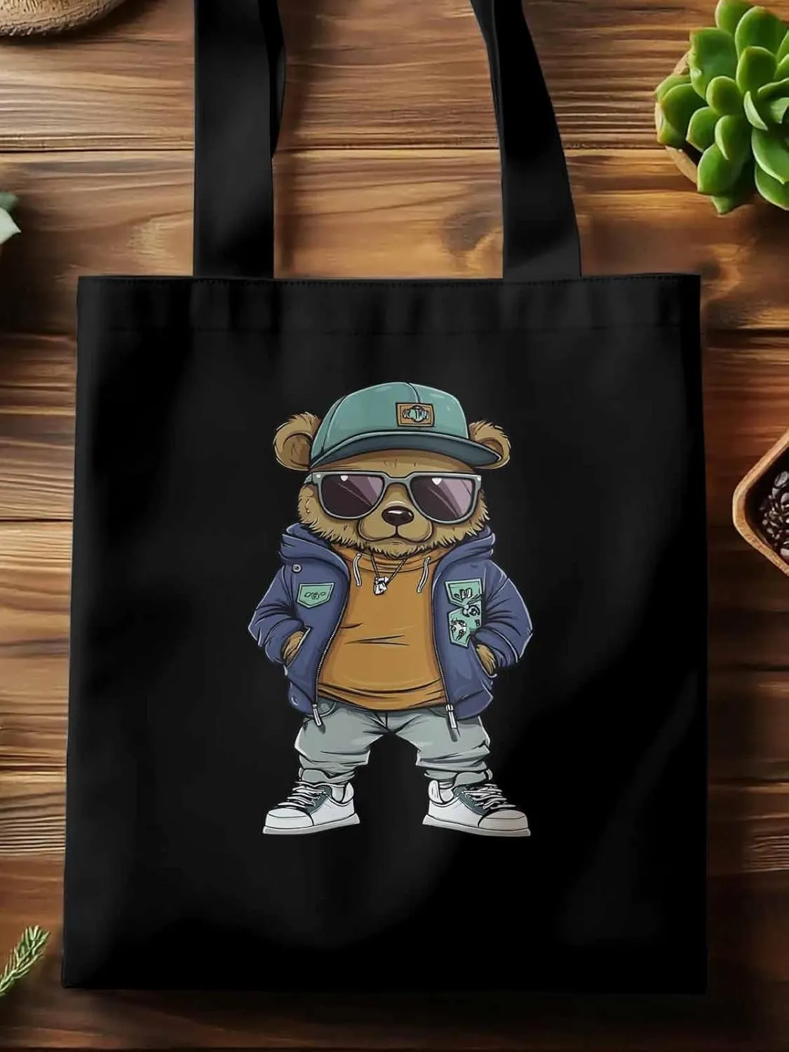 Canvas Tote Bag, Hip-hop Style Brown Bears Aesthetic Canvas Tote Handbags for Women Shoulder Bag