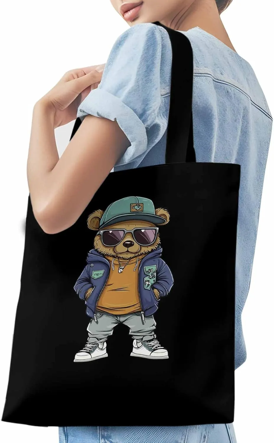 Canvas Tote Bag, Hip-hop Style Brown Bears Aesthetic Canvas Tote Handbags for Women Shoulder Bag