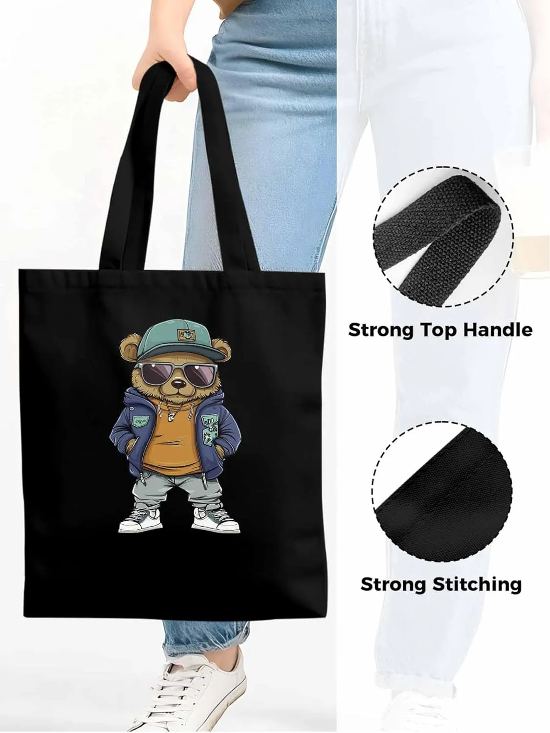 Canvas Tote Bag, Hip-hop Style Brown Bears Aesthetic Canvas Tote Handbags for Women Shoulder Bag
