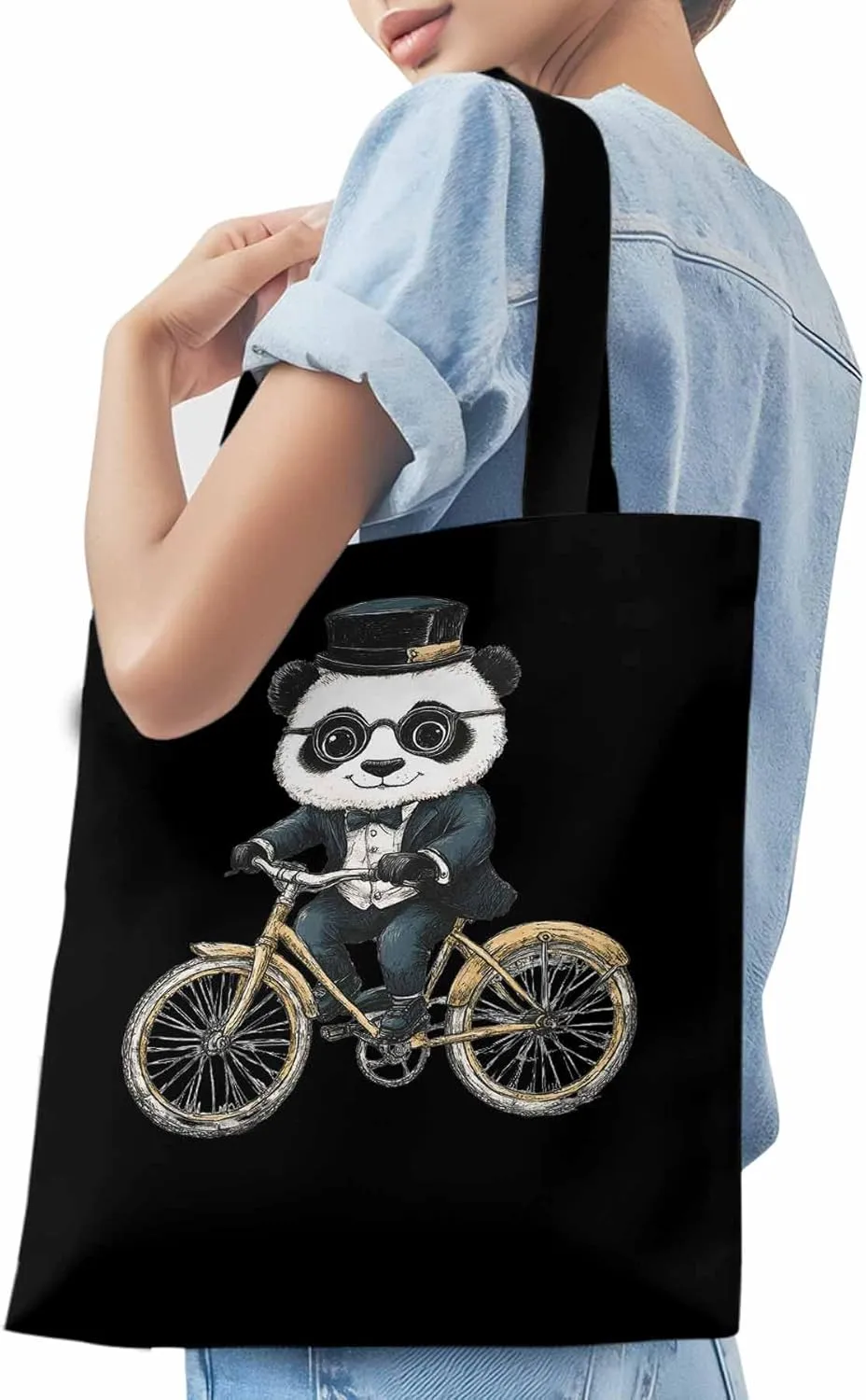Canvas Tote Bag, in Glasses Panda Riding Bicycle patterned Canvas Tote Handbags for Women Shoulder Bag,