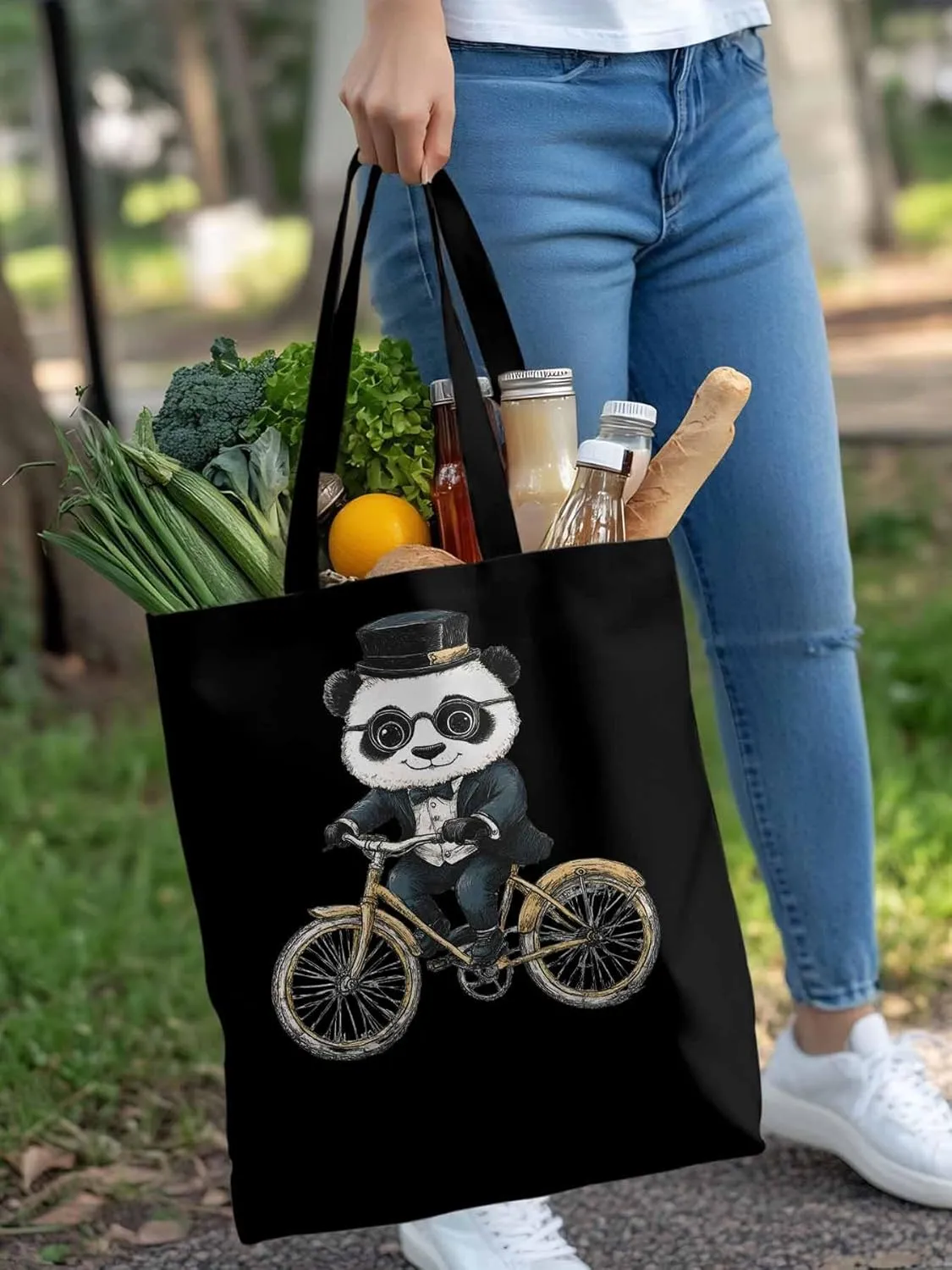 Canvas Tote Bag, in Glasses Panda Riding Bicycle patterned Canvas Tote Handbags for Women Shoulder Bag,