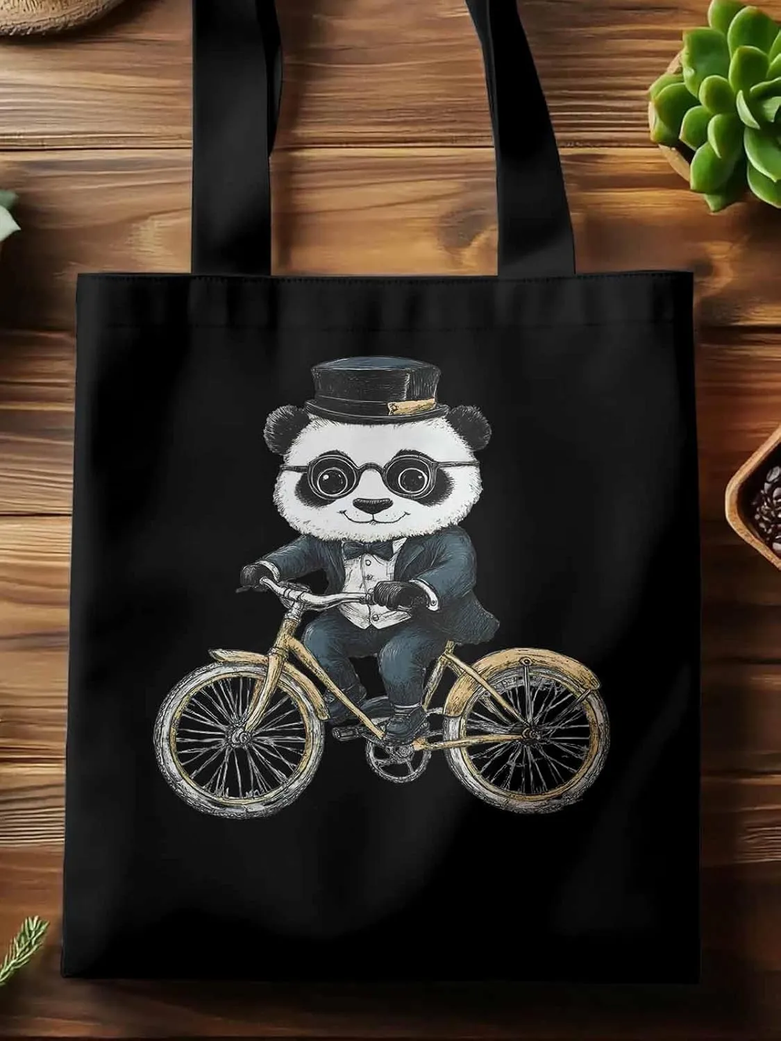 Canvas Tote Bag, in Glasses Panda Riding Bicycle patterned Canvas Tote Handbags for Women Shoulder Bag,