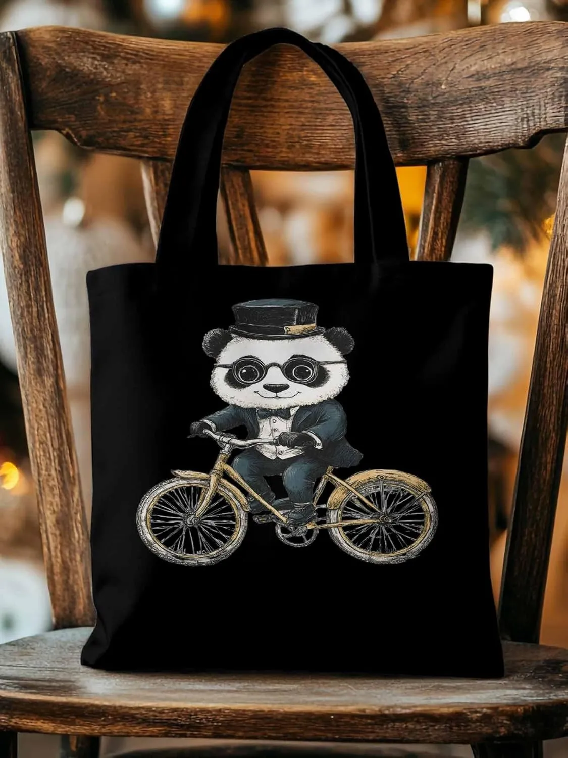 Canvas Tote Bag, in Glasses Panda Riding Bicycle patterned Canvas Tote Handbags for Women Shoulder Bag,