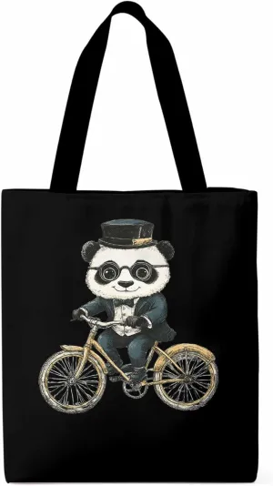 Canvas Tote Bag, in Glasses Panda Riding Bicycle patterned Canvas Tote Handbags for Women Shoulder Bag,