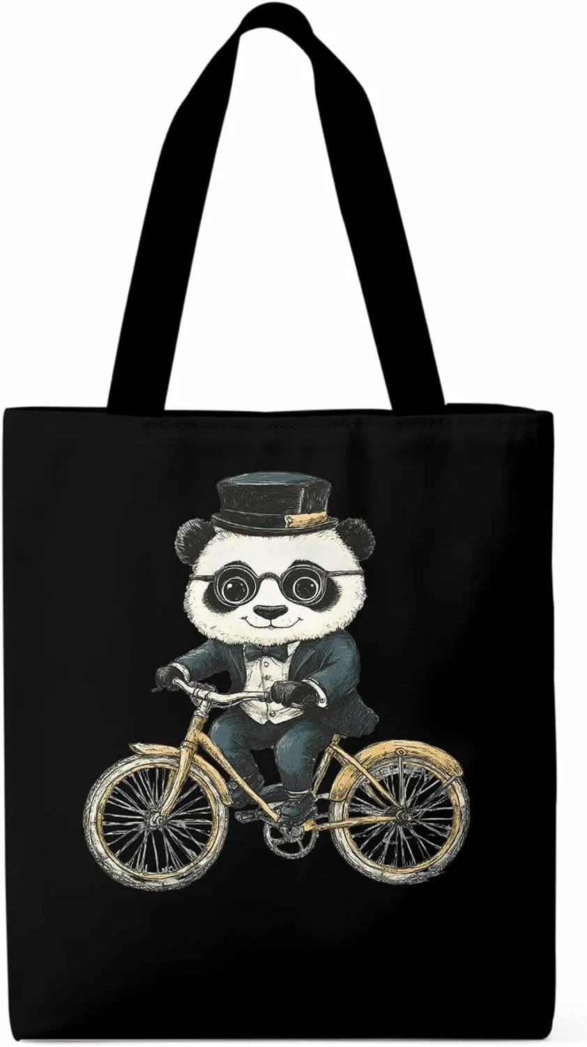 Canvas Tote Bag, in Glasses Panda Riding Bicycle patterned Canvas Tote Handbags for Women Shoulder Bag,
