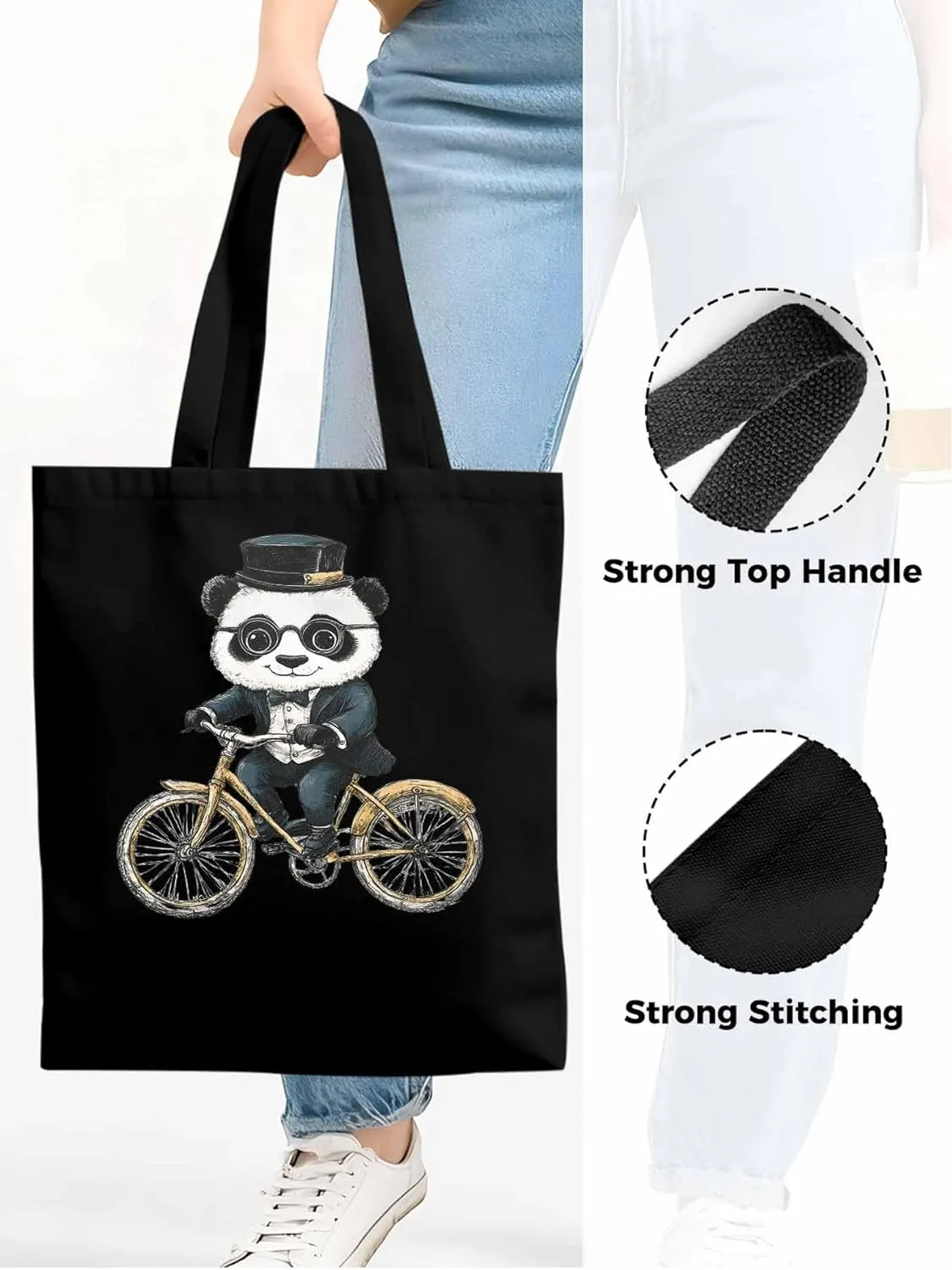 Canvas Tote Bag, in Glasses Panda Riding Bicycle patterned Canvas Tote Handbags for Women Shoulder Bag,