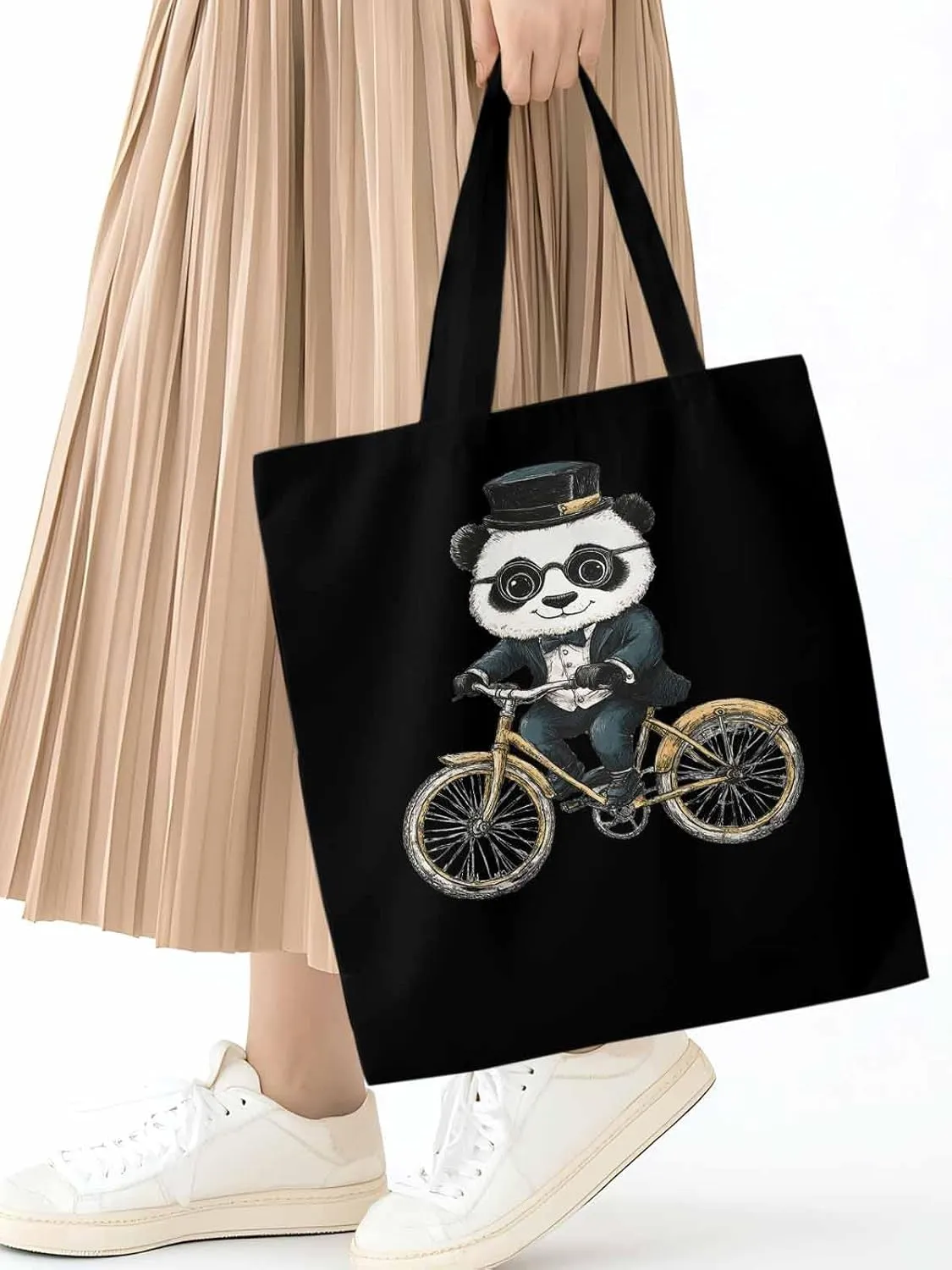 Canvas Tote Bag, in Glasses Panda Riding Bicycle patterned Canvas Tote Handbags for Women Shoulder Bag,