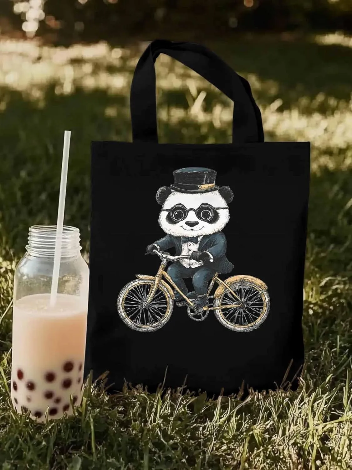 Canvas Tote Bag, in Glasses Panda Riding Bicycle patterned Canvas Tote Handbags for Women Shoulder Bag,