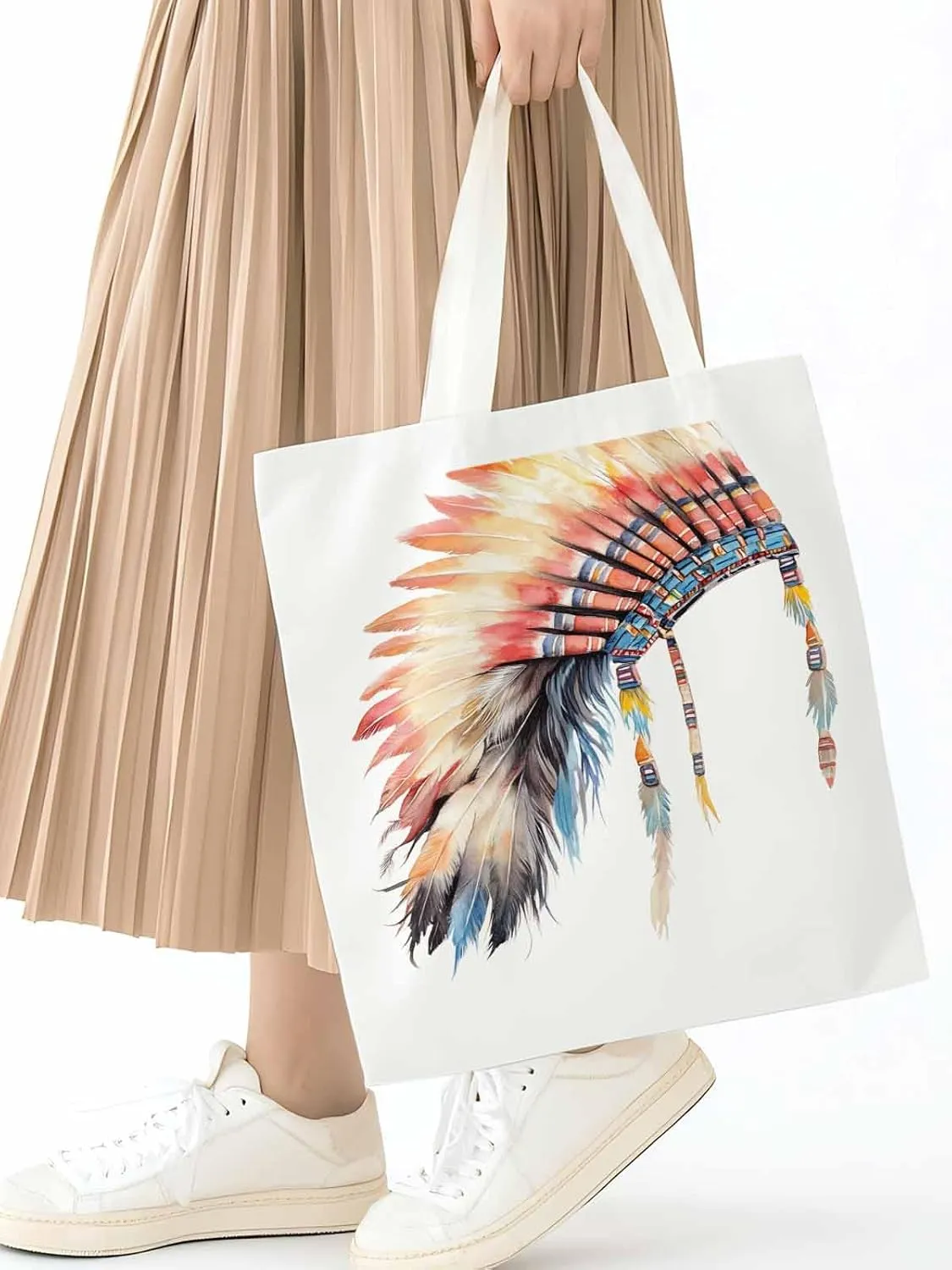Canvas Tote Bag, Indian Hat with Feather Print patterned Canvas Tote Handbags for Women Shoulder Bag,