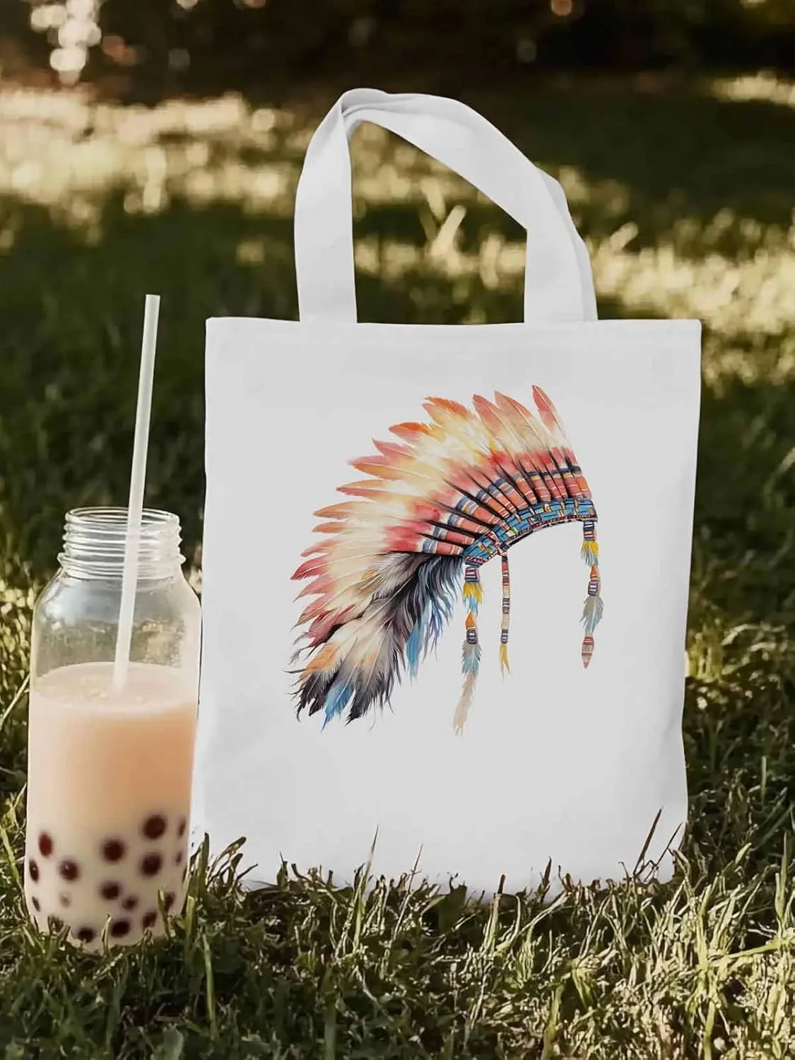 Canvas Tote Bag, Indian Hat with Feather Print patterned Canvas Tote Handbags for Women Shoulder Bag,