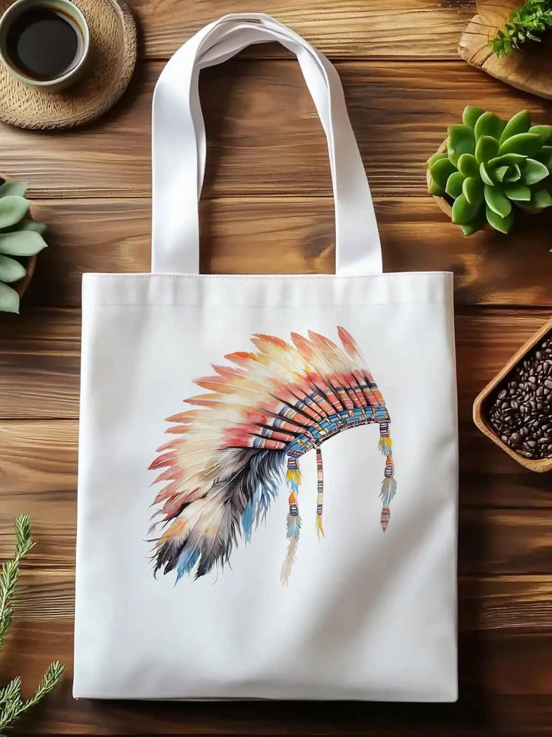 Canvas Tote Bag, Indian Hat with Feather Print patterned Canvas Tote Handbags for Women Shoulder Bag,