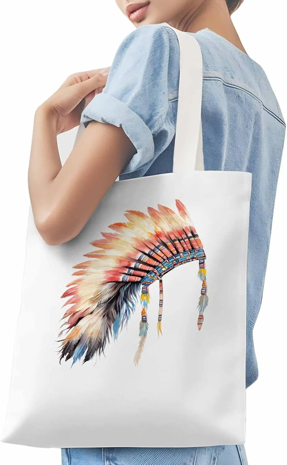 Canvas Tote Bag, Indian Hat with Feather Print patterned Canvas Tote Handbags for Women Shoulder Bag,