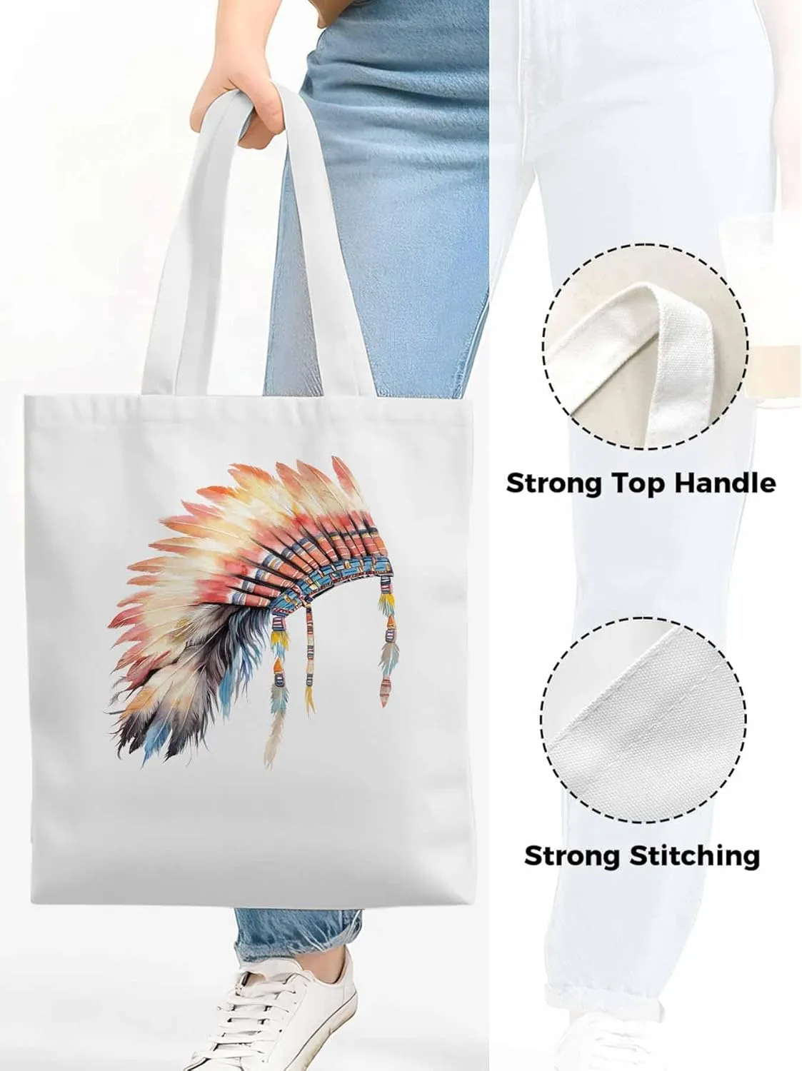 Canvas Tote Bag, Indian Hat with Feather Print patterned Canvas Tote Handbags for Women Shoulder Bag,