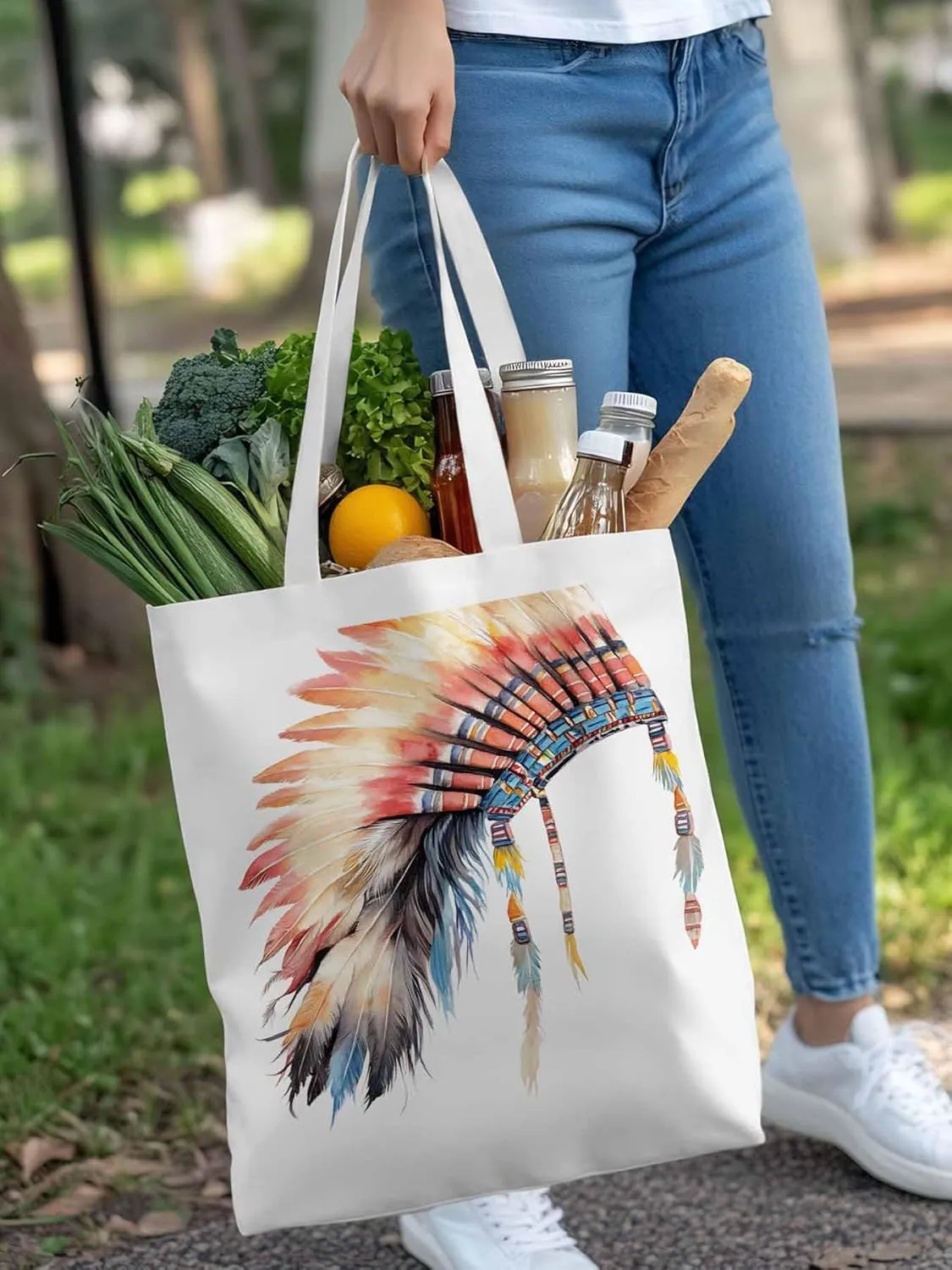 Canvas Tote Bag, Indian Hat with Feather Print patterned Canvas Tote Handbags for Women Shoulder Bag,