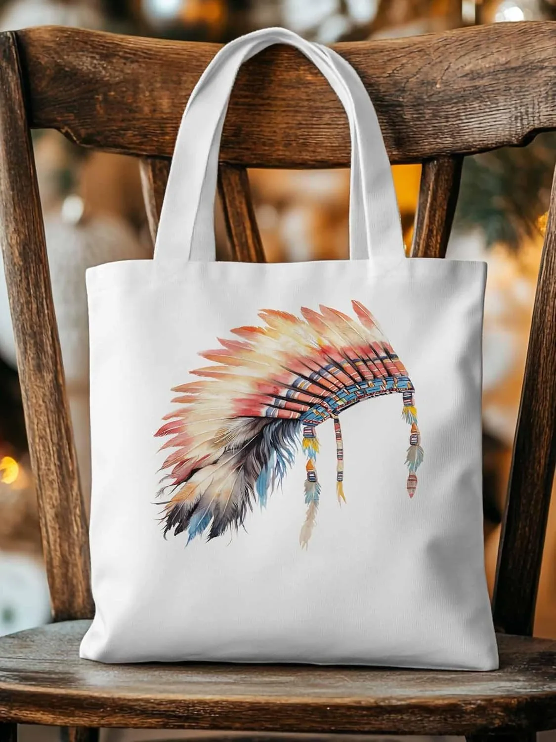 Canvas Tote Bag, Indian Hat with Feather Print patterned Canvas Tote Handbags for Women Shoulder Bag,