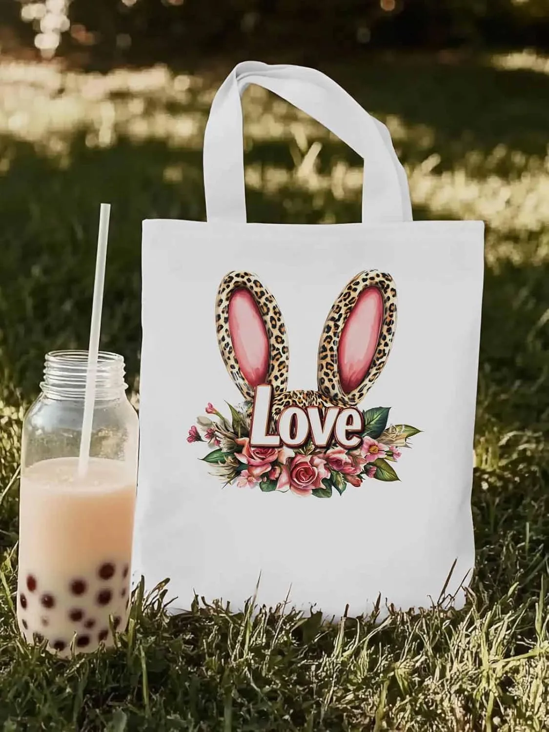 Canvas Tote Bag, Leopard Bunny Floal Print patterned Canvas Tote Handbags for Women Shoulder Bag,
