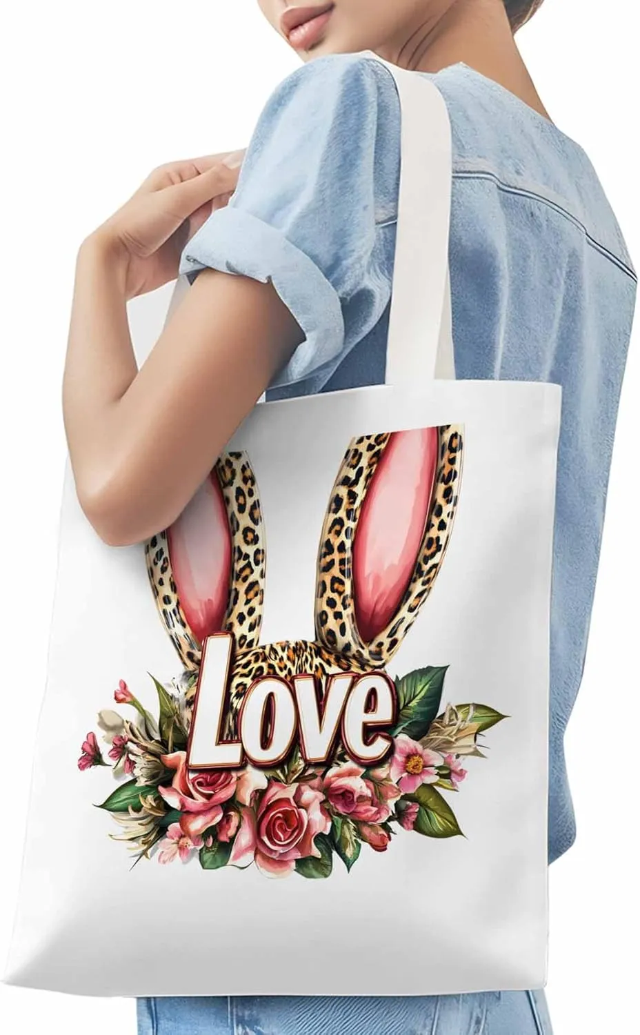 Canvas Tote Bag, Leopard Bunny Floal Print patterned Canvas Tote Handbags for Women Shoulder Bag,
